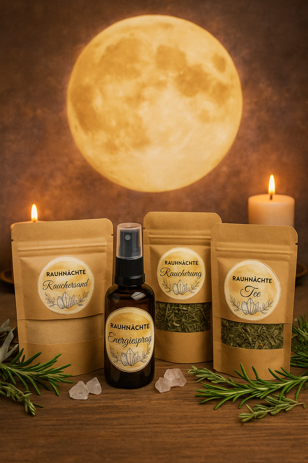 Rauhnächte Ritual Set + Buch – Energetisiertes Set für 21 heilige Nächte | Energiespray, Räucherung, Räuchersand & Tee | Handmade